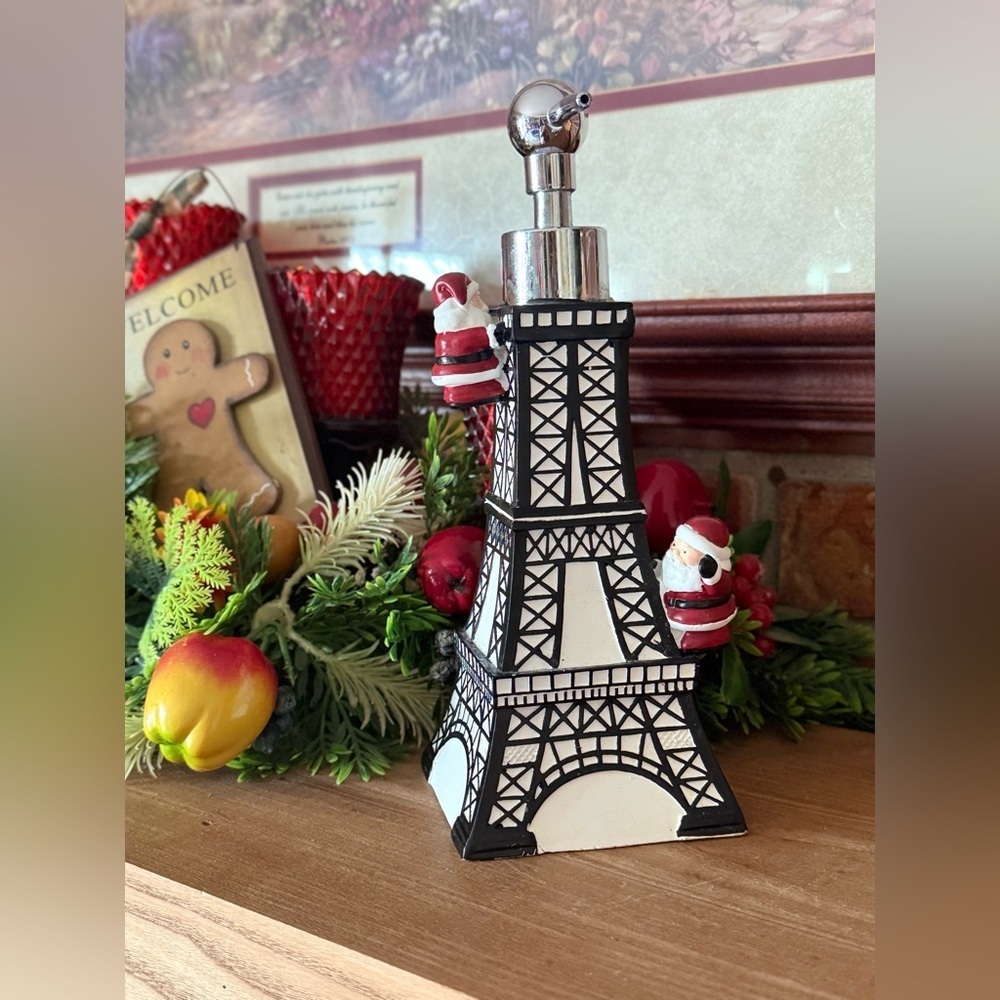Eiffel Tower Soap Dispenser with Santa Accents - Black & White